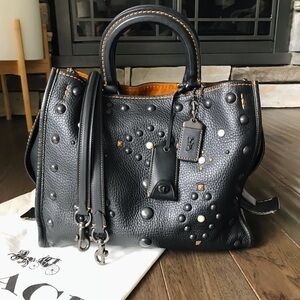 Coach Black Pebbled Leather Studded Satchel with Tan Interior